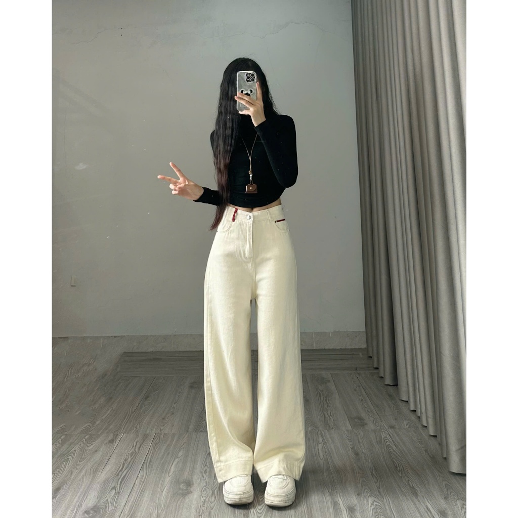 Quần jean ống rộng Joolate ống suông màu kem đỉa đỏ ống 32cm
