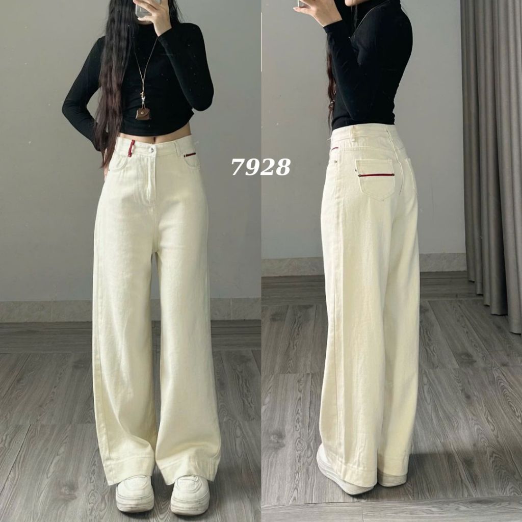 Quần jean ống rộng Joolate ống suông màu kem đỉa đỏ ống 32cm