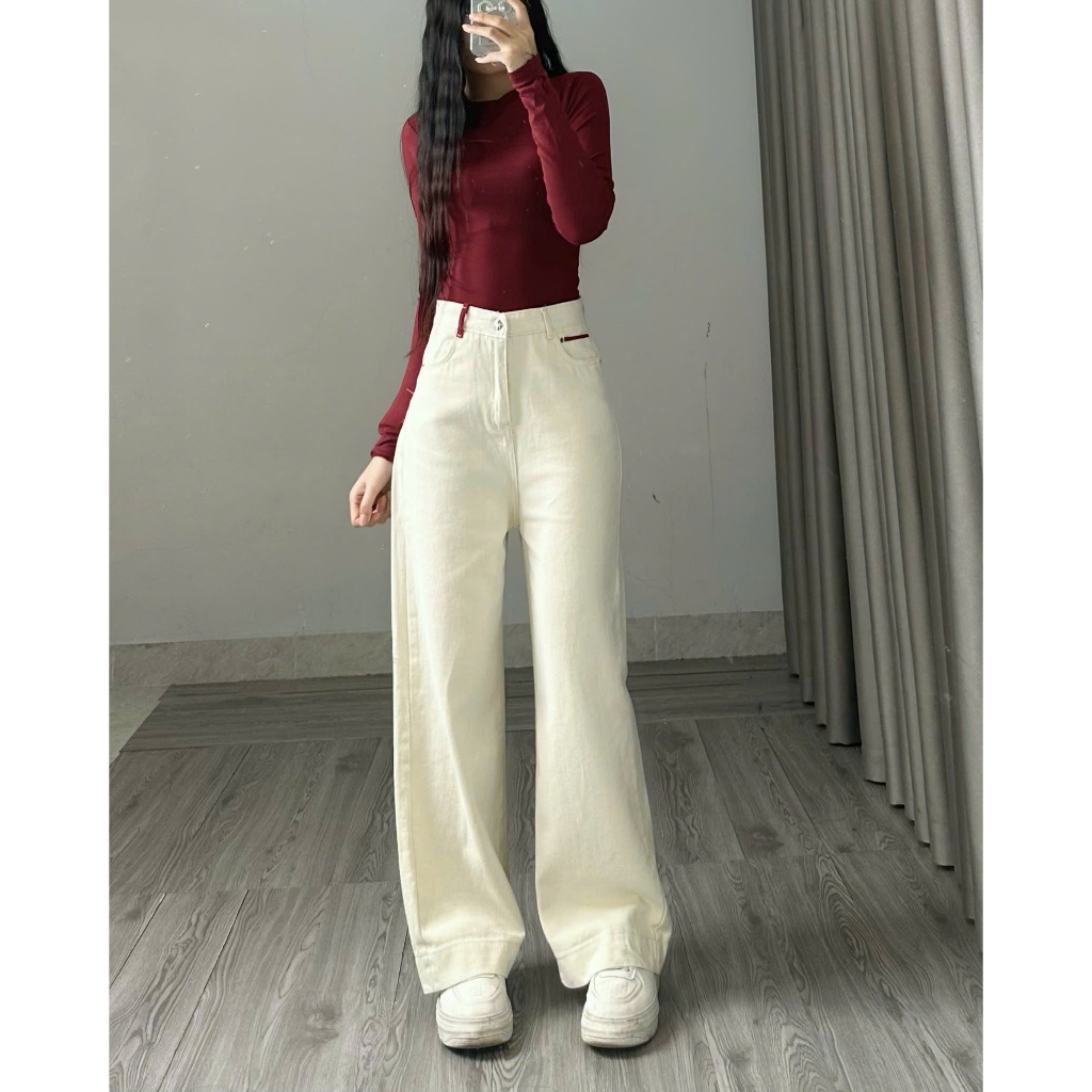 Quần jean ống rộng Joolate ống suông màu kem đỉa đỏ ống 32cm