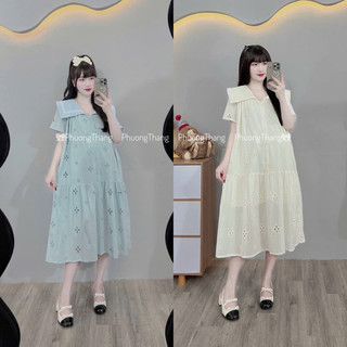 Váy bầu - CỘC TAY THÔ THÊU HOA LỖ MỀM CỔ VUÔNG - 2 Màu