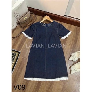 Váy bò dáng suông phối bèo trắng, váy bò mềm che khuyết điểm LAVIAN V09