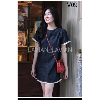 Váy bò dáng suông phối bèo trắng, váy bò mềm che khuyết điểm LAVIAN V09