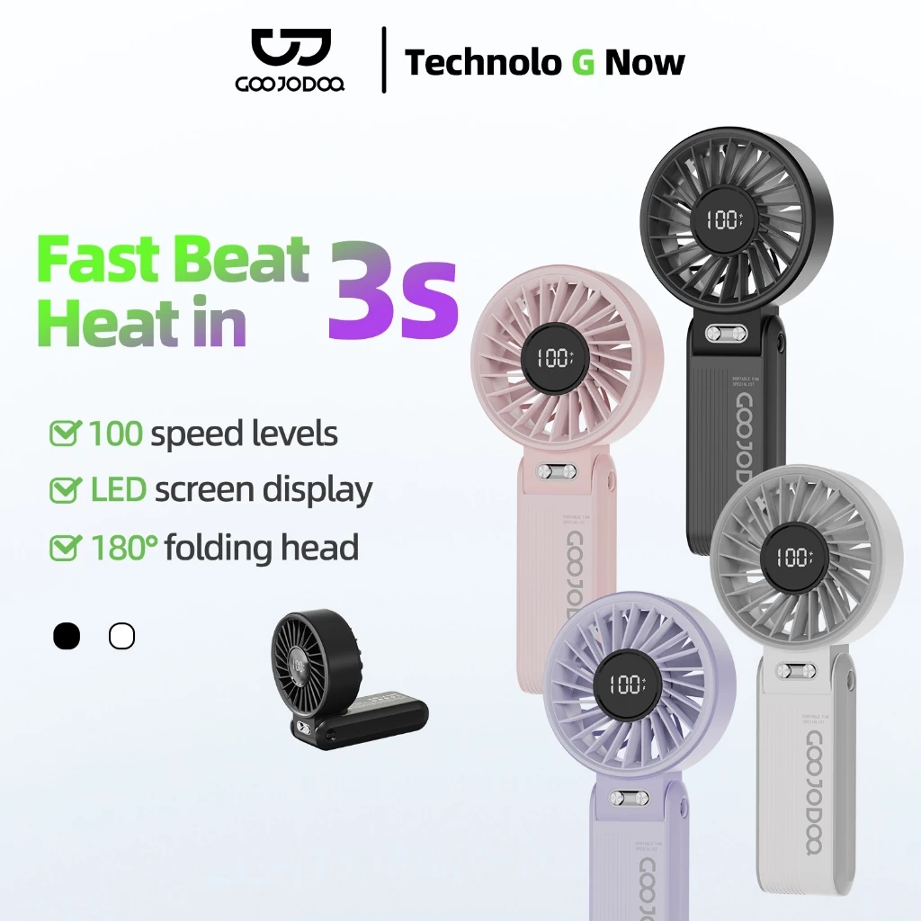 Quạt gấp 180° im lặng GOOJODOQ siêu gió điều chỉnh 100 cấp độ, mini quạt di động, màn hình nguồn LED