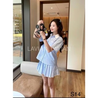 Set áo sơ mi cộc tay phối ren, set bộ áo kẻ xanh kèm chân váy xếp ly phối ren cạp chun LAVIAN S14