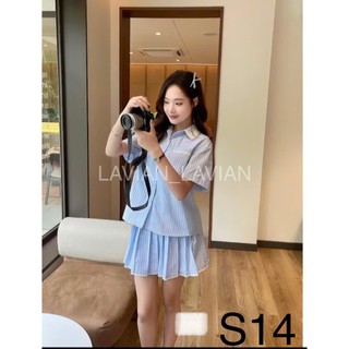 Set áo sơ mi cộc tay phối ren, set bộ áo kẻ xanh kèm chân váy xếp ly phối ren cạp chun LAVIAN S14