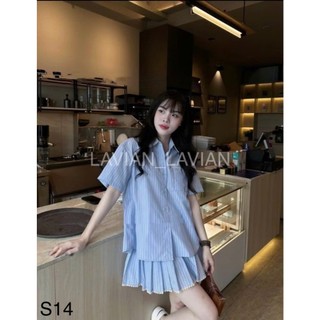 Set áo sơ mi cộc tay phối ren, set bộ áo kẻ xanh kèm chân váy xếp ly phối ren cạp chun LAVIAN S14