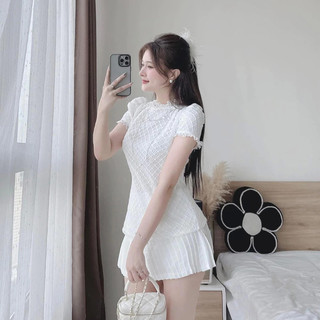 Set váy nữ ren tiểu thư xinh,đồ bộ nữ áo cổ tròn tay cộc vai bồng mix chân váy xếp ly dáng ngắn trẻ trung Yuumi hcom3558