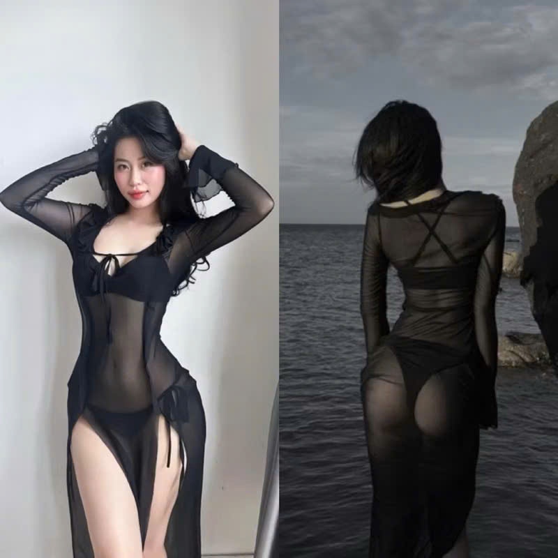 Ms 086 Bikini ĐẦM LƯỚI DÁNG DÀI xuyên thấu, áo tay loe mềm mỏng HAN.T Shop