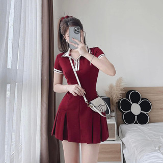 Váy babydoll tiểu thư xinh tông màu đỏ trơn,đầm midi cổ polo cộc tay phối viền màu kẻ sọc đuôi váy xếp ly bồng hcom3556
