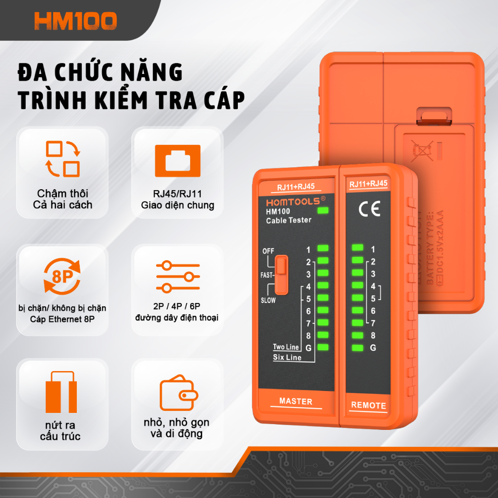 HOMTOOLS HM100 Máy kiểm tra cáp mạng 8P / 6P / 4P / 2P Máy kiểm tra cáp ...