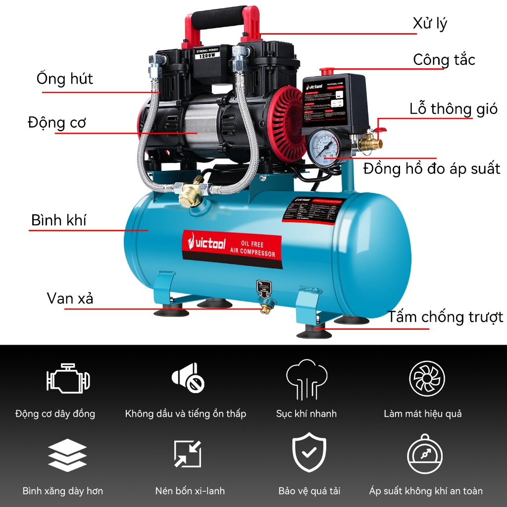 Máy Nén Khí Không Dầu Victool 1200W Bình 9L Nạp Khí Nhanh Độ Ồn Thấp Dùng Cho Phun Sơn, Bơm Xe