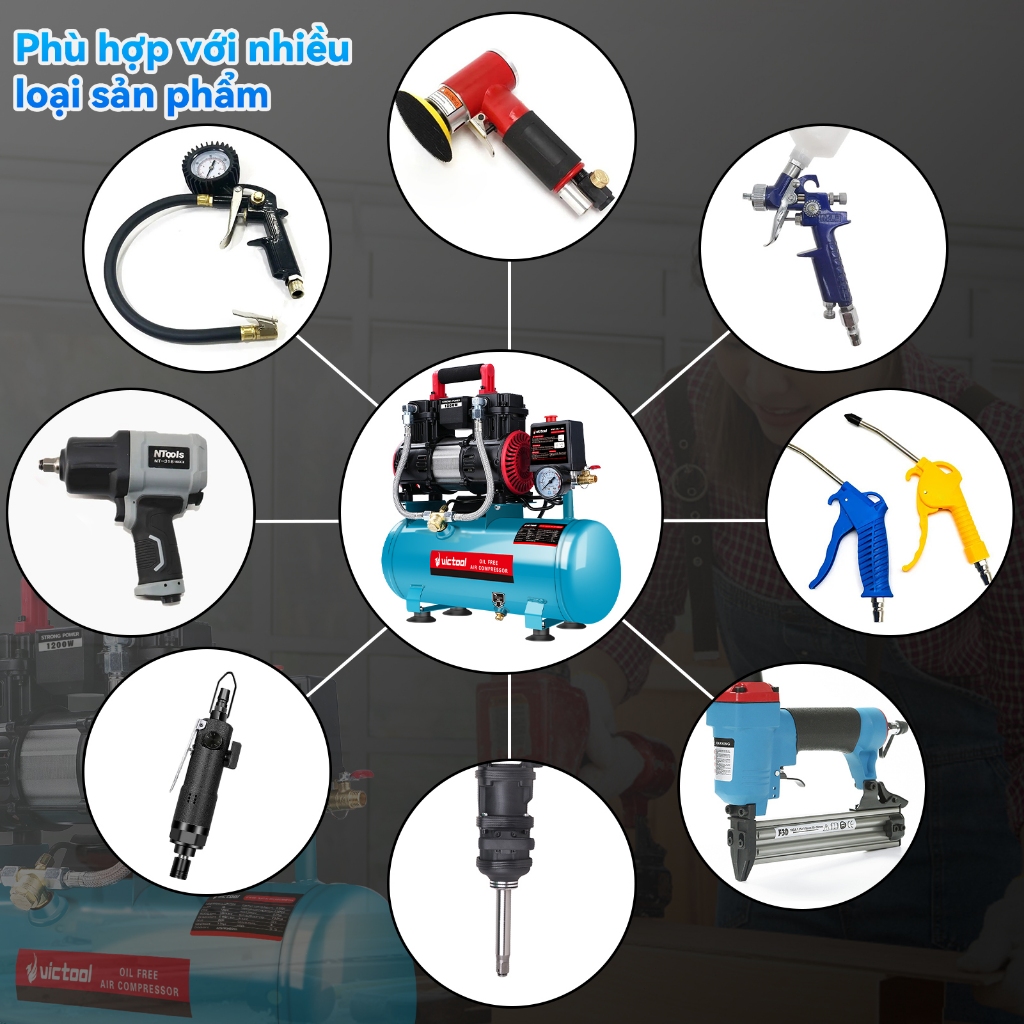 Máy Nén Khí Không Dầu Victool 1200W Bình 9L Nạp Khí Nhanh Độ Ồn Thấp Dùng Cho Phun Sơn, Bơm Xe