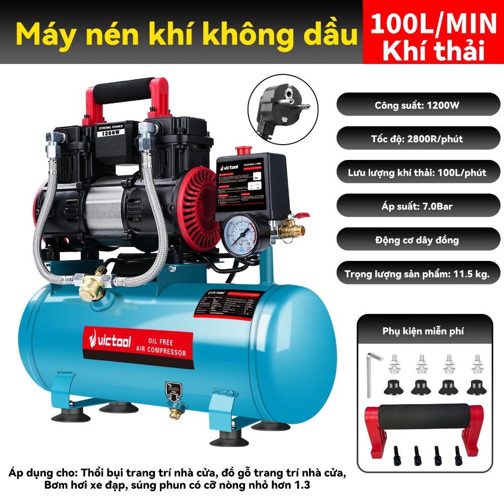 Máy Nén Khí Không Dầu Victool 1200W Bình 9L Nạp Khí Nhanh Độ Ồn Thấp Dùng Cho Phun Sơn, Bơm Xe