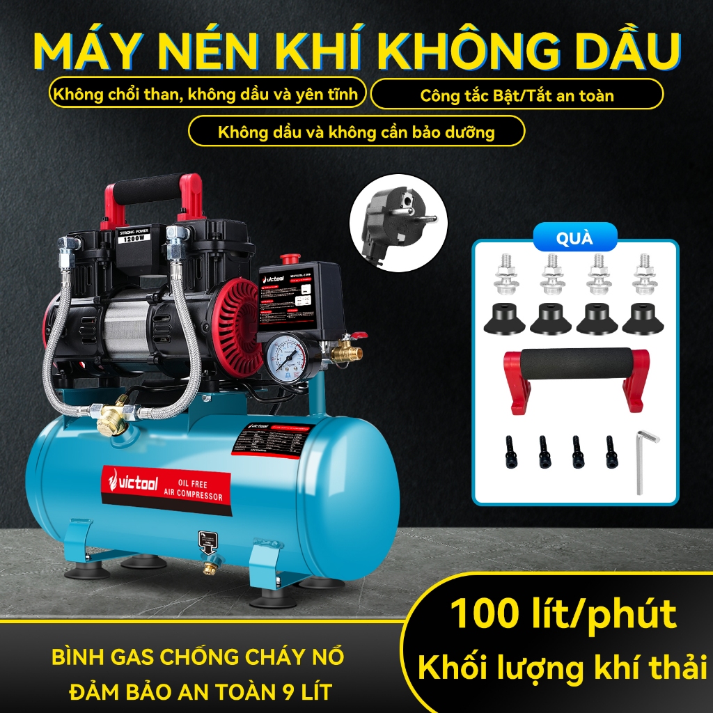 Máy Nén Khí Không Dầu Victool 1200W Bình 9L Nạp Khí Nhanh Độ Ồn Thấp Dùng Cho Phun Sơn, Bơm Xe
