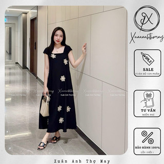 Váy sát nách đính hoa vải đũi nhật - Xuananhthomay
