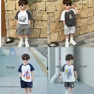 Bộ cotton cộc tay in hoạ tiết snoopy/siêu nhân, bộ thun cổ tròn tay phối cotton mềm mát