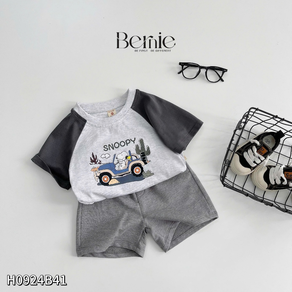 Bộ cotton cộc tay in hoạ tiết snoopy/siêu nhân, bộ thun cổ tròn tay phối cotton mềm mát