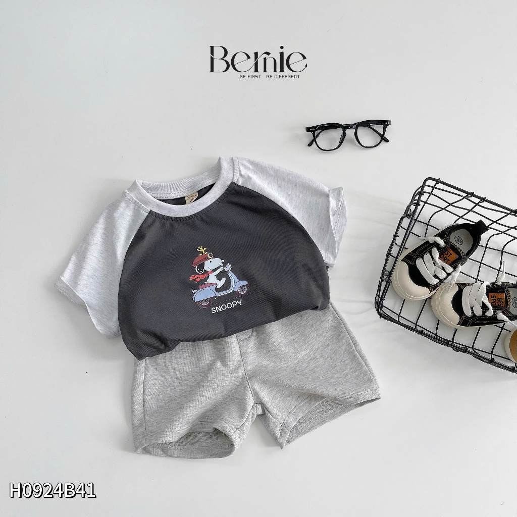 Bộ cotton cộc tay in hoạ tiết snoopy/siêu nhân, bộ thun cổ tròn tay phối cotton mềm mát