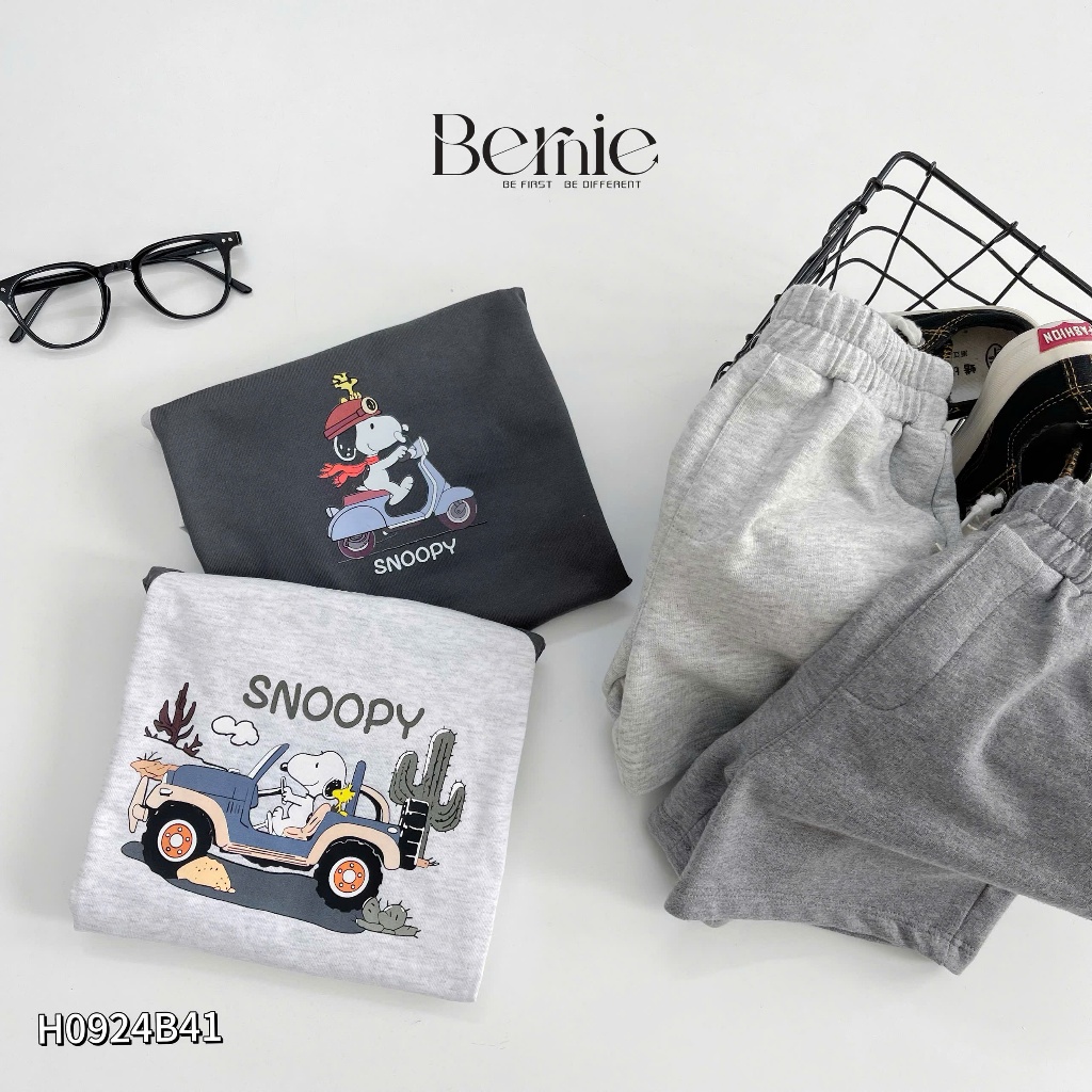 Bộ cotton cộc tay in hoạ tiết snoopy/siêu nhân, bộ thun cổ tròn tay phối cotton mềm mát