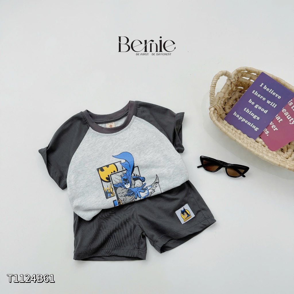 Bộ cotton cộc tay in hoạ tiết snoopy/siêu nhân, bộ thun cổ tròn tay phối cotton mềm mát