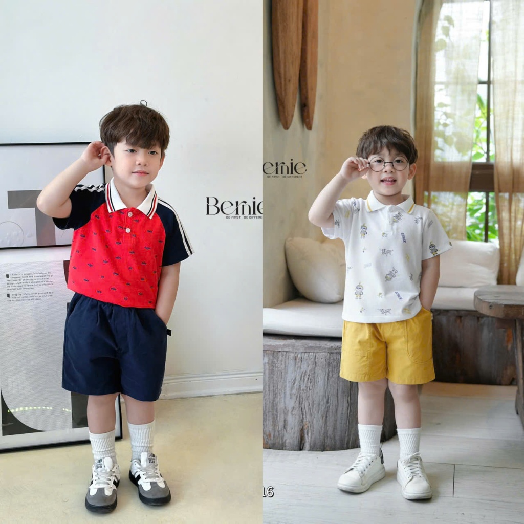 Bộ polo cộc tay áo đỏ in hoạ tiết ô tô phối quần kaki, set bộ cộc tay cổ đức tay phối bé trai
