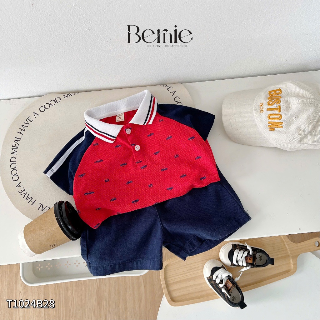 Bộ polo cộc tay áo đỏ in hoạ tiết ô tô phối quần kaki, set bộ cộc tay cổ đức tay phối bé trai