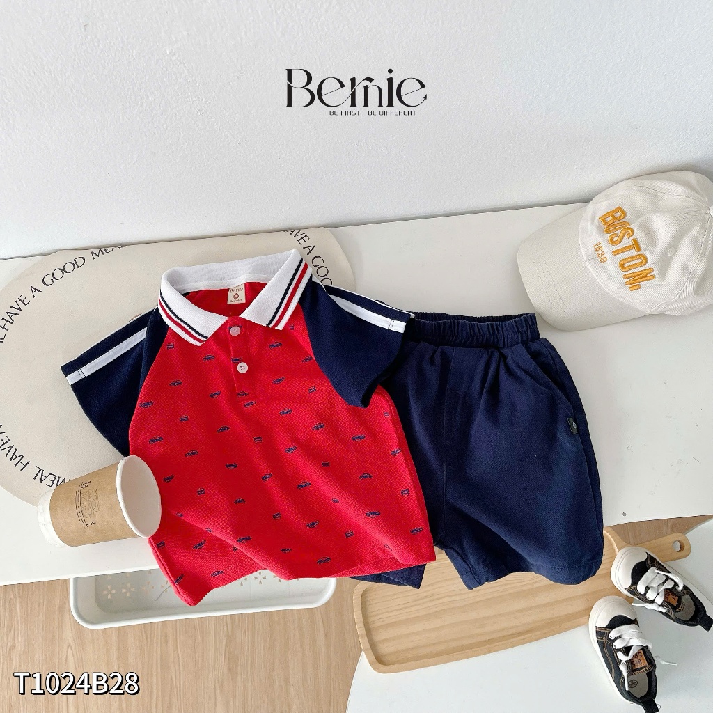 Bộ polo cộc tay áo đỏ in hoạ tiết ô tô phối quần kaki, set bộ cộc tay cổ đức tay phối bé trai