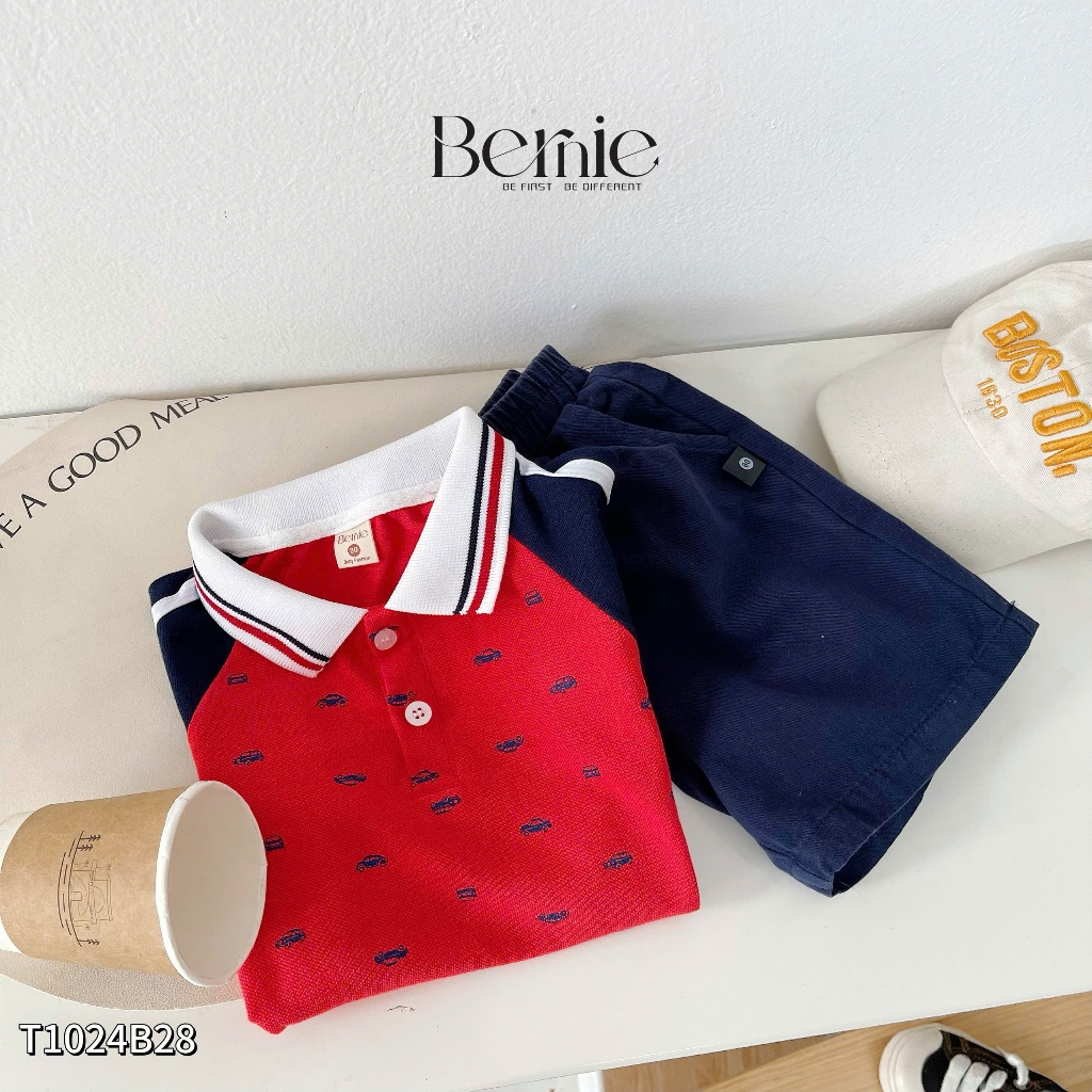 Bộ polo cộc tay áo đỏ in hoạ tiết ô tô phối quần kaki, set bộ cộc tay cổ đức tay phối bé trai