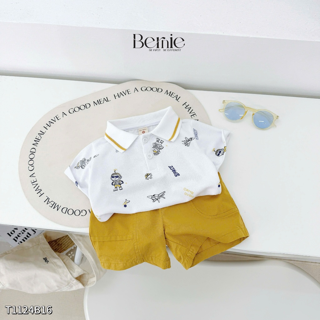 Bộ polo cộc tay áo đỏ in hoạ tiết ô tô phối quần kaki, set bộ cộc tay cổ đức tay phối bé trai