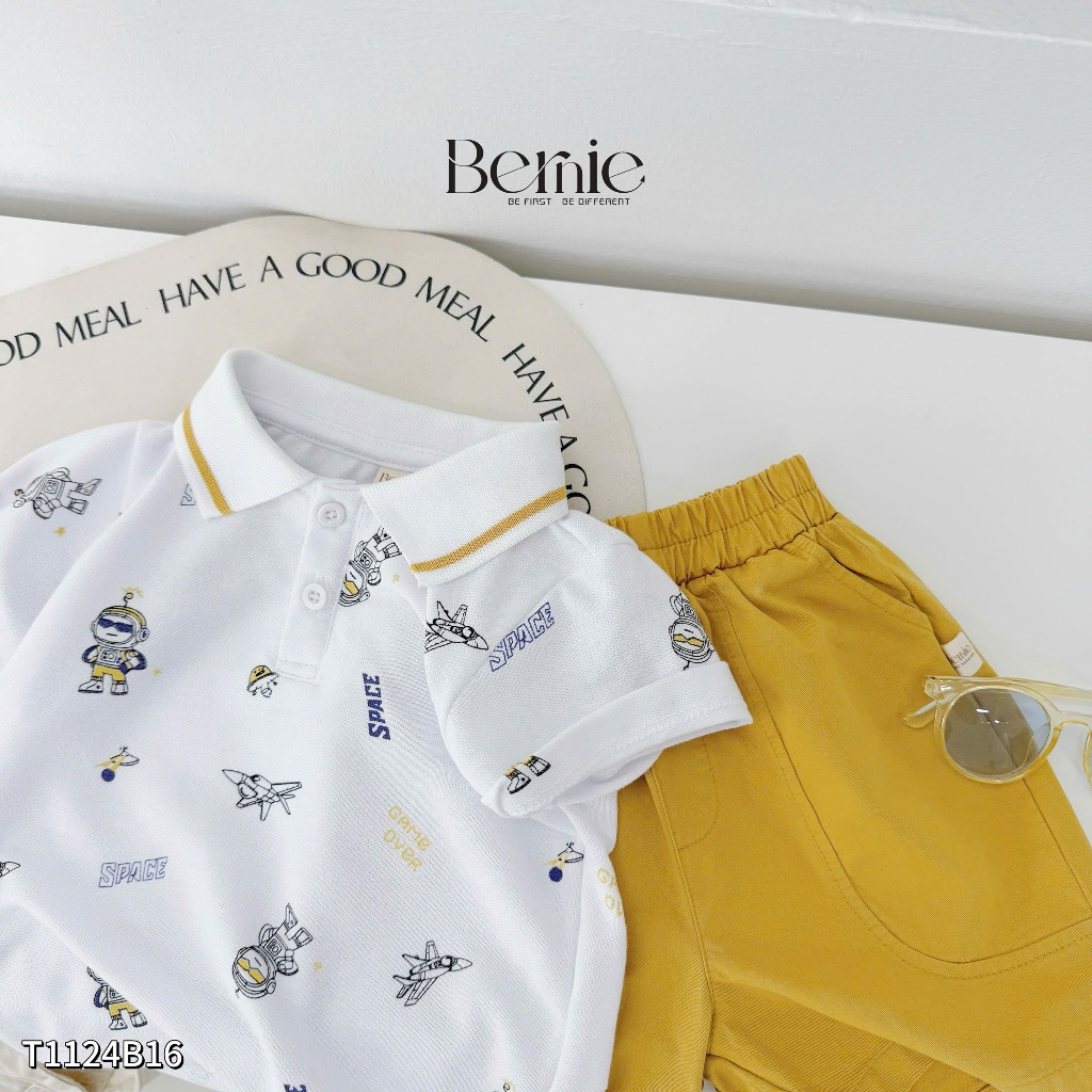 Bộ polo cộc tay áo đỏ in hoạ tiết ô tô phối quần kaki, set bộ cộc tay cổ đức tay phối bé trai