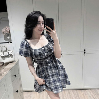 Đầm Nữ Kẻ Caro Tay Bồng Cổ U Chiết Eo Đáng yêu