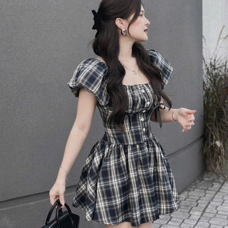 Đầm Nữ Kẻ Caro Tay Bồng Cổ U Chiết Eo Đáng yêu