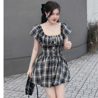 Đầm Nữ Kẻ Caro Tay Bồng Cổ U Chiết Eo Đáng yêu