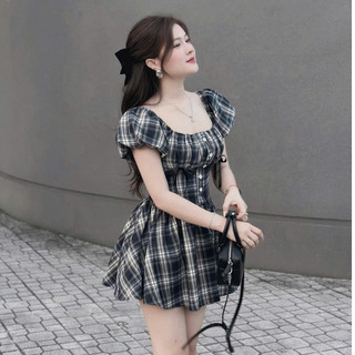 Đầm Nữ Kẻ Caro Tay Bồng Cổ U Chiết Eo Đáng yêu