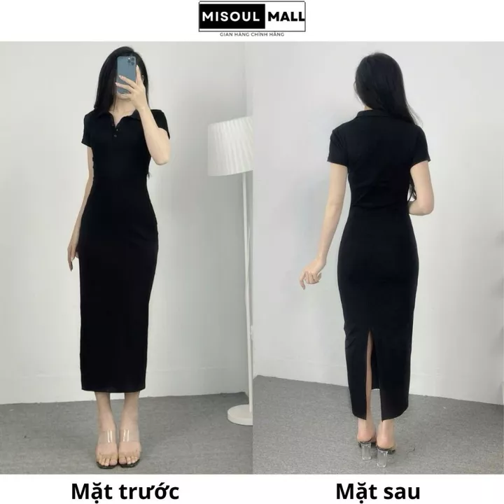 Váy Body Cộc Tay Dáng Dài Cổ Polo Phối Cúc Xẻ Tà Sau Bigsize, Đầm Body Cổ Trụ Xẻ Tà Chất Cotton Co Giãn Misoul Mall 398