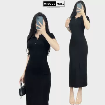 Váy Body Cộc Tay Dáng Dài Cổ Polo Phối Cúc Xẻ Tà Sau Bigsize, Đầm Body Cổ Trụ Xẻ Tà Chất Cotton Co Giãn Misoul Mall 398