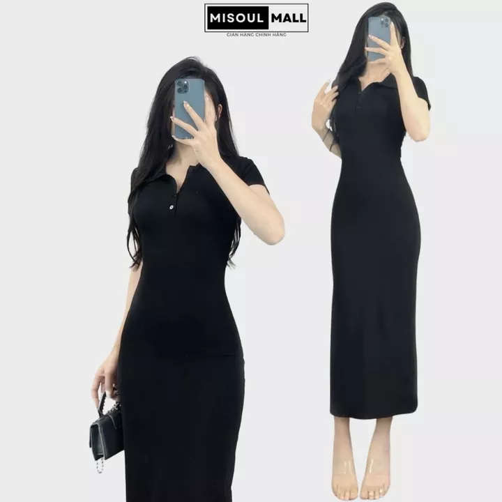 Váy Body Cộc Tay Dáng Dài Cổ Polo Phối Cúc Xẻ Tà Sau Bigsize, Đầm Body Cổ Trụ Xẻ Tà Chất Cotton Co Giãn Misoul Mall 398