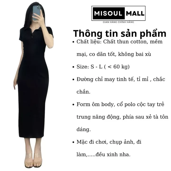 Váy Body Cộc Tay Dáng Dài Cổ Polo Phối Cúc Xẻ Tà Sau Bigsize, Đầm Body Cổ Trụ Xẻ Tà Chất Cotton Co Giãn Misoul Mall 398