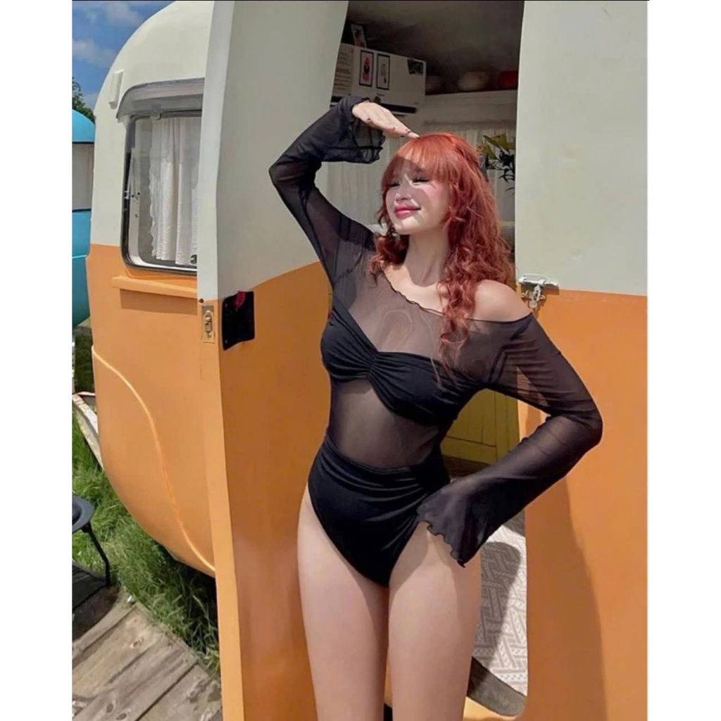 Ms 090 BiKiNi,đồ bơi set liền thân phối lưới, kiểu áo trễ vai, phong cách mới HAN.T Shop