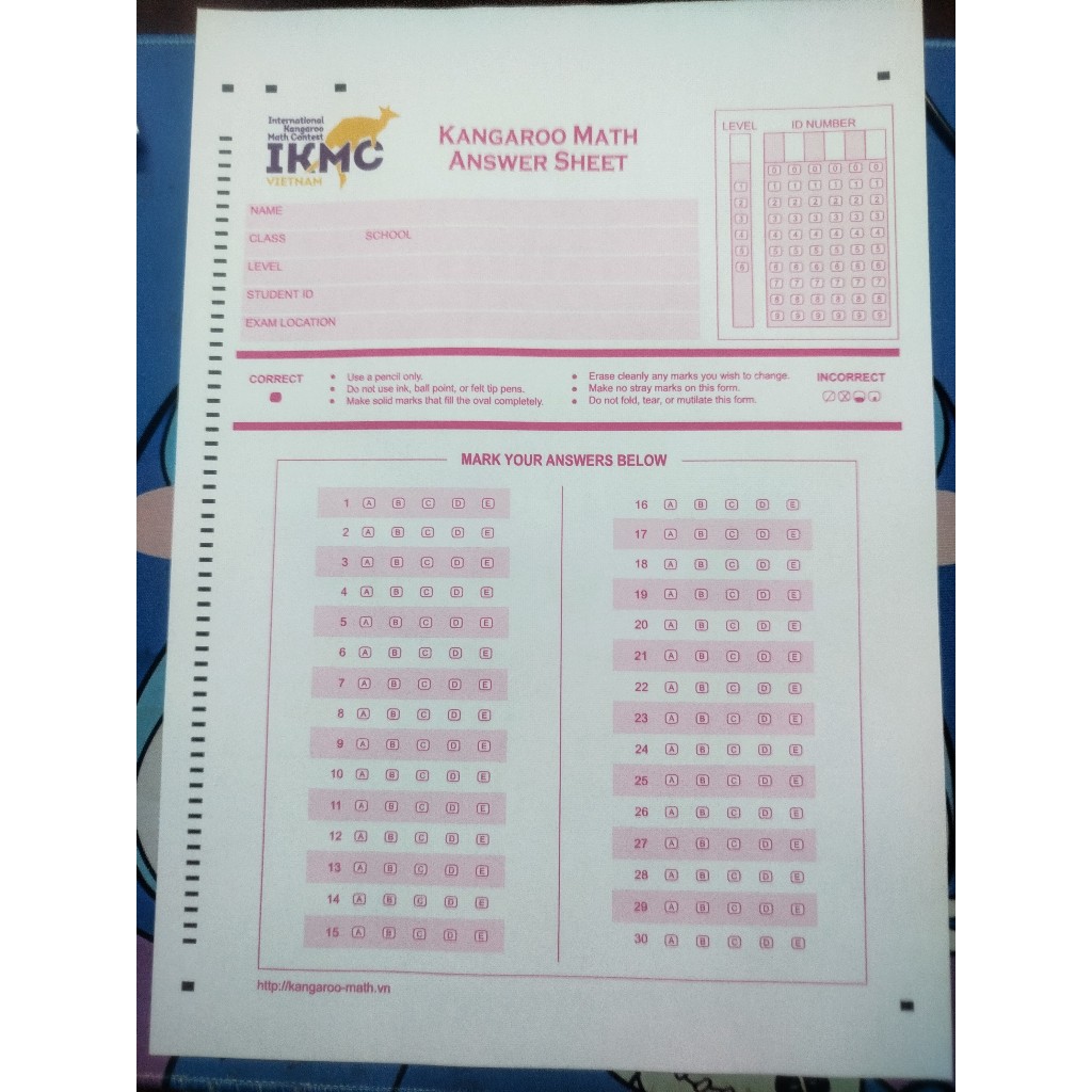 Phiếu tô trắc nghiệm Kangaroo MATH - A4 100gsm