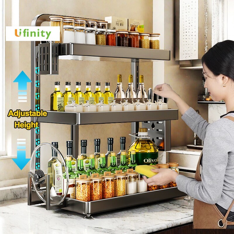 Lifinity Kệ Gia Vị Nhà Bếp Đa Năng 2-3Tầng Có Thể Điều Chỉnh, Đựng Dao Thớt & Hũ Gia Vị Chống Han Gỉ