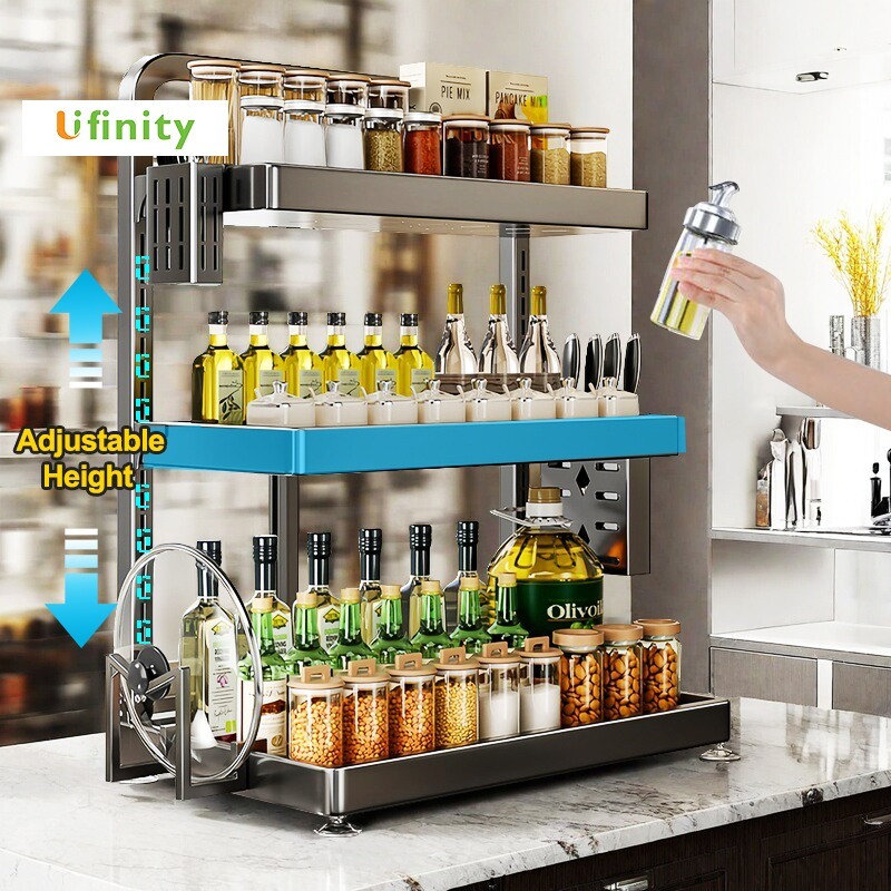Lifinity Kệ Gia Vị Nhà Bếp Đa Năng 2-3Tầng Có Thể Điều Chỉnh, Đựng Dao Thớt & Hũ Gia Vị Chống Han Gỉ