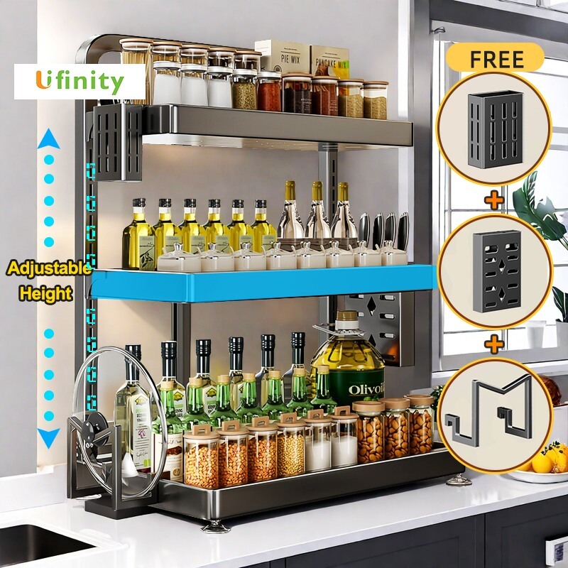 Lifinity Kệ Gia Vị Nhà Bếp Đa Năng 2-3Tầng Có Thể Điều Chỉnh, Đựng Dao Thớt & Hũ Gia Vị Chống Han Gỉ