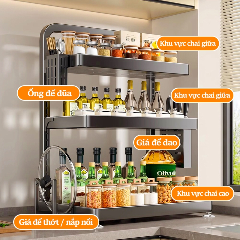 Lifinity Kệ Gia Vị Nhà Bếp Đa Năng 2-3Tầng Có Thể Điều Chỉnh, Đựng Dao Thớt & Hũ Gia Vị Chống Han Gỉ