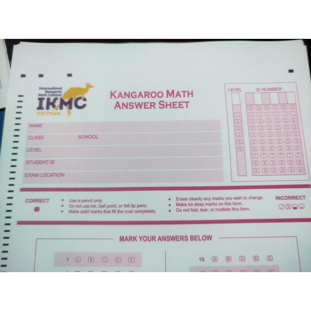 Phiếu tô trắc nghiệm Kangaroo MATH - A4 100gsm