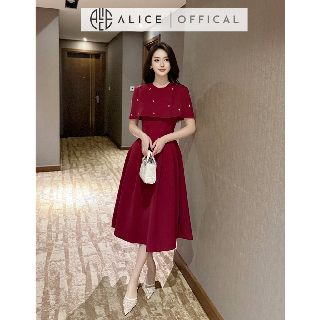 Set Váy Tiểu Thư Chất Gold Nhật Cao Cấp Alice, Váy Dáng Dài Xếp Ly Hai Dây Phối Áo Choàng Rời Đính Đá S841