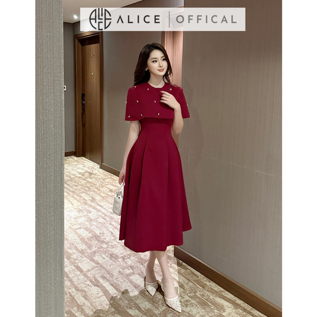 Set Váy Tiểu Thư Chất Gold Nhật Cao Cấp Alice, Váy Dáng Dài Xếp Ly Hai Dây Phối Áo Choàng Rời Đính Đá S841