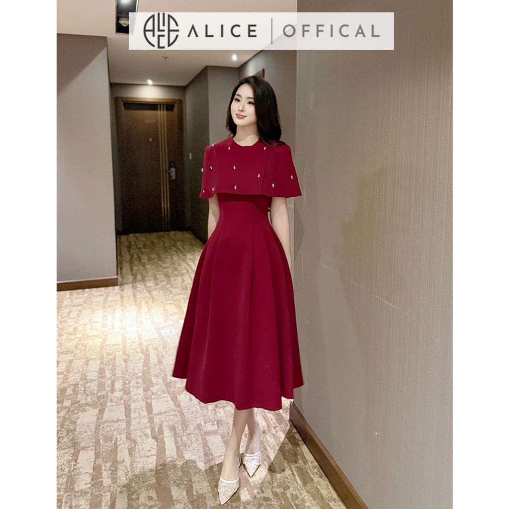 Set Váy Tiểu Thư Chất Gold Nhật Cao Cấp Alice, Váy Dáng Dài Xếp Ly Hai Dây Phối Áo Choàng Rời Đính Đá S841