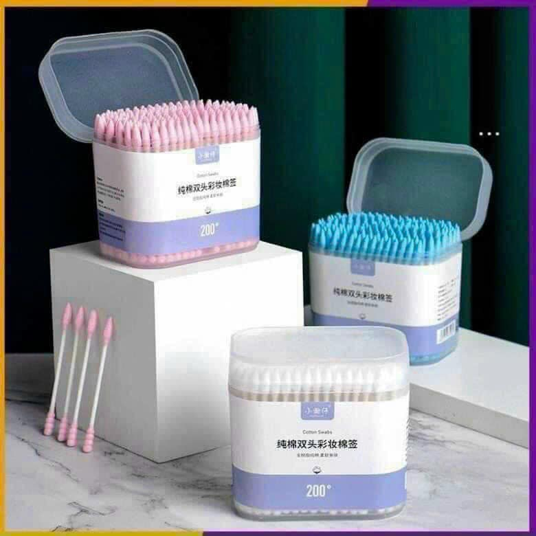 HỘP 200c TĂM BÔNG NGOÁY TAI TRANG ĐIỂM 2 ĐẦU COTTON SIÊU TIỆN DỤNG