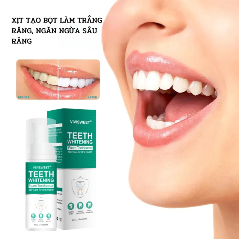 Xịt Đánh Răng Tạo Bọt Teeth Whitening Vivisweet Làm Trắng Răng, Ngăn Ngừa Sâu Răng, Loại Bỏ Mảng Bám, Khử Mùi Hôi, Mang